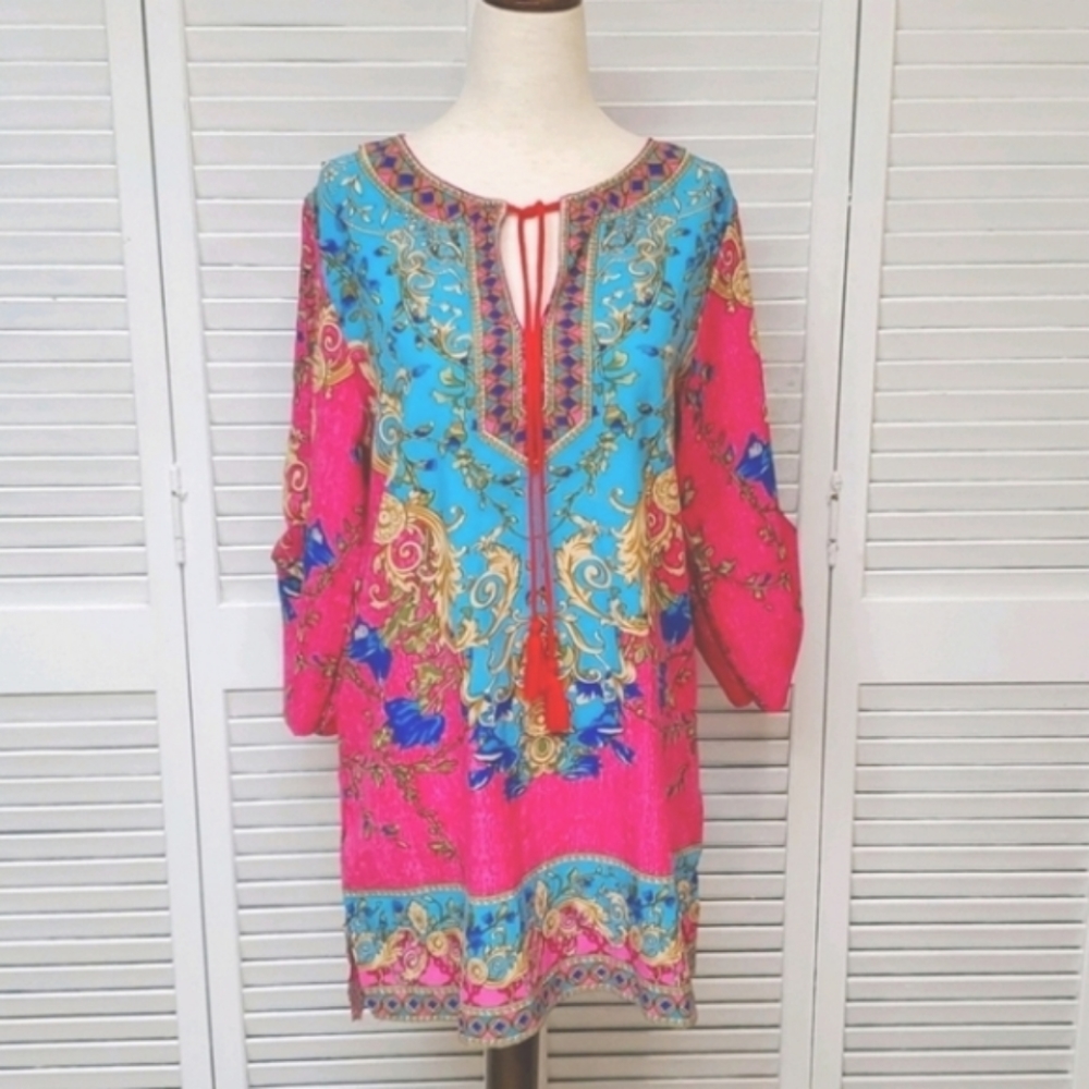 Genuine People Boho Turquise,Pink And Gold Multi Print Tunic Dress